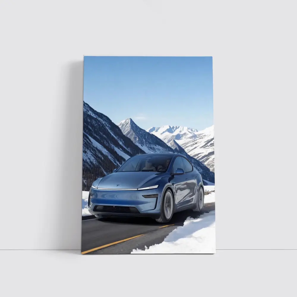 Tesla Model Y Blue Snowy Mountain Road – Wall Art