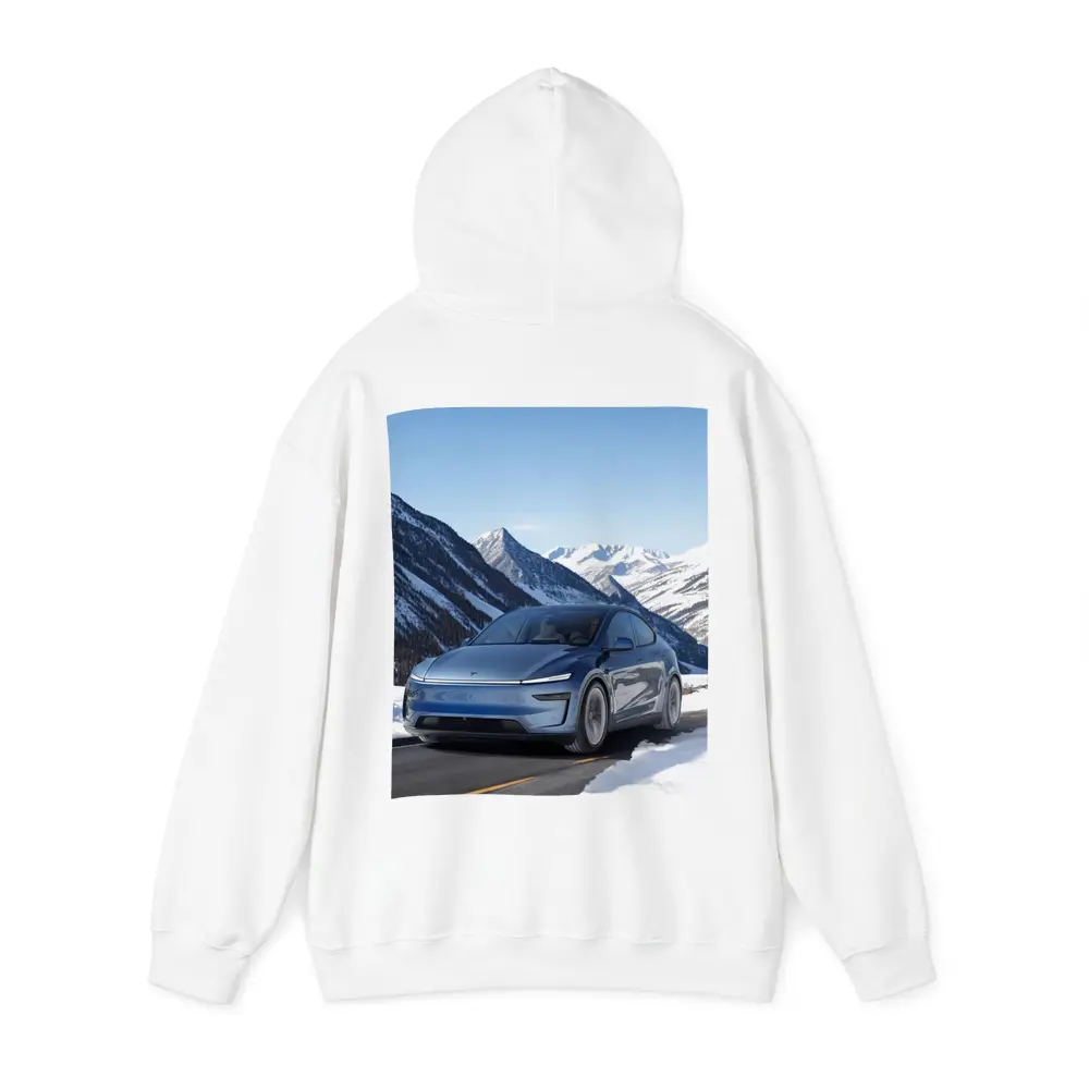 Tesla Model Y Blue Snowy Mountain Road – Hoodies