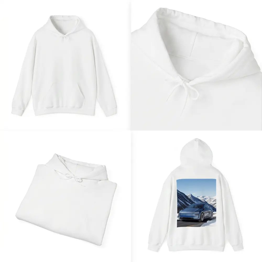 Tesla Model Y Blue Snowy Mountain Road – Hoodies