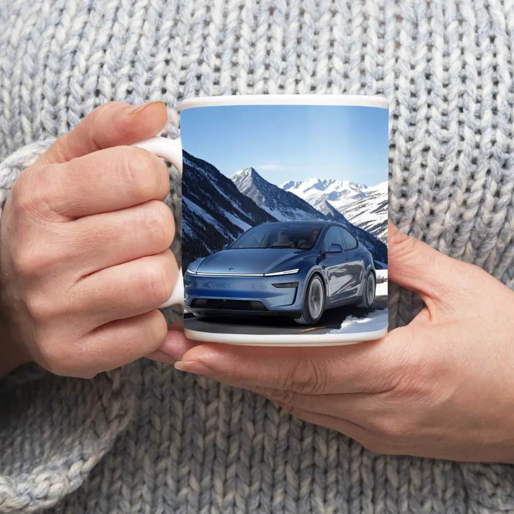 Tesla Model Y Blue Snowy Mountain Road – Mugs