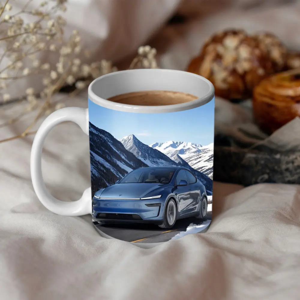 Tesla Model Y Blue Snowy Mountain Road – Mugs