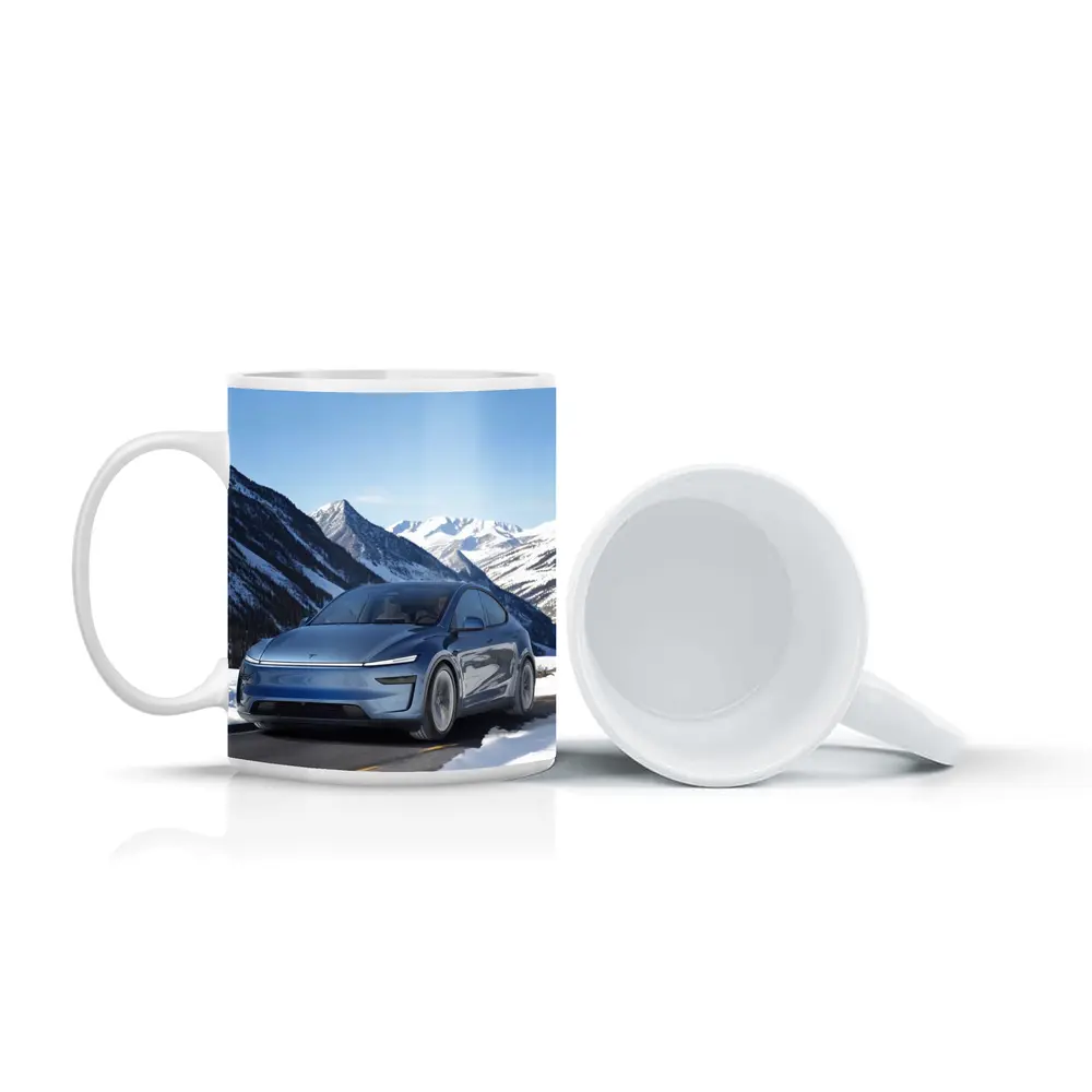 Tesla Model Y Blue Snowy Mountain Road – Mugs