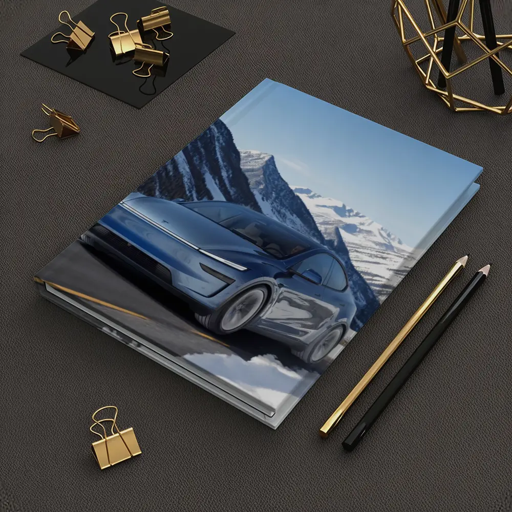 Tesla Model Y Blue Snowy Mountain Road – Notebooks