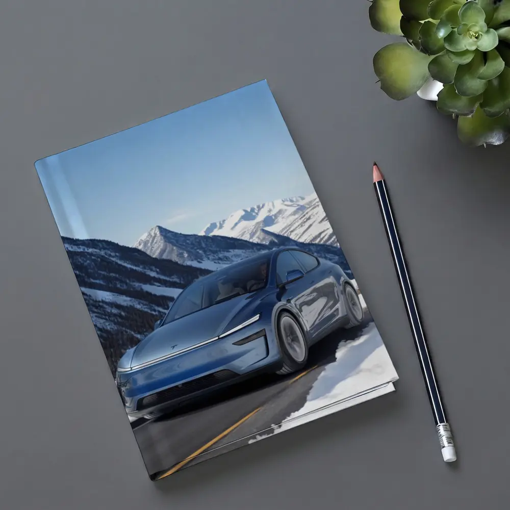 Tesla Model Y Blue Snowy Mountain Road – Notebooks