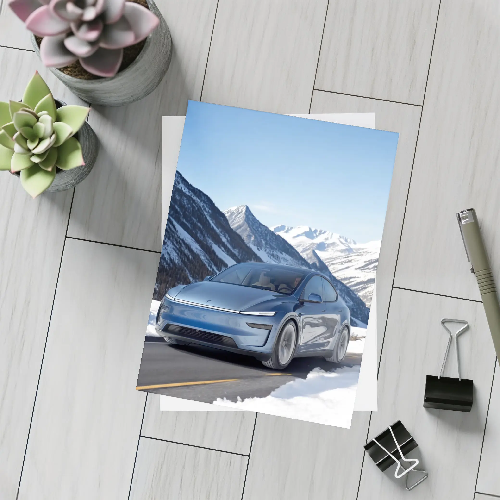 Tesla Model Y Blue Snowy Mountain Road – Postcards