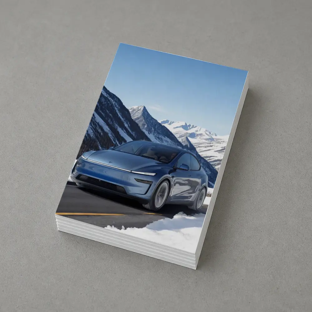 Tesla Model Y Blue Snowy Mountain Road – Postcards