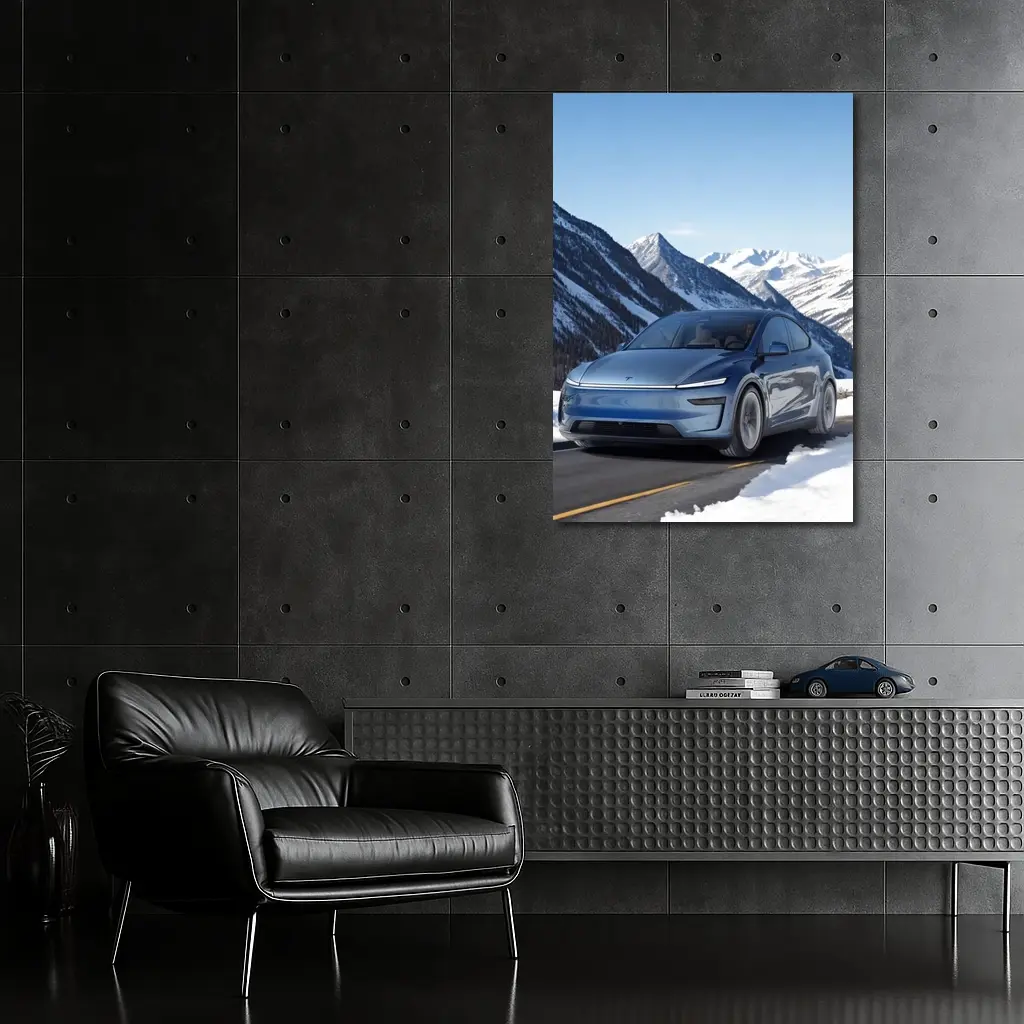 Tesla Model Y Blue Snowy Mountain Road – Wall Art