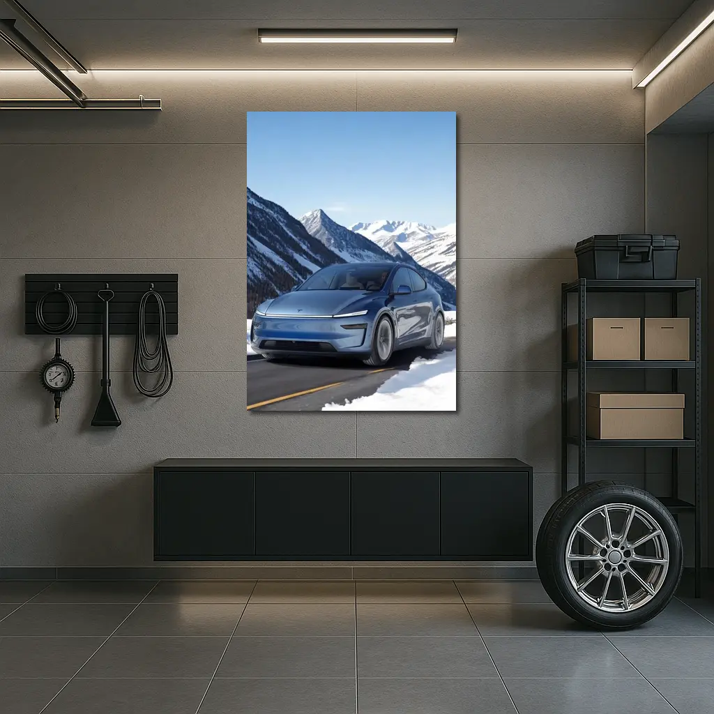 Tesla Model Y Blue Snowy Mountain Road – Wall Art