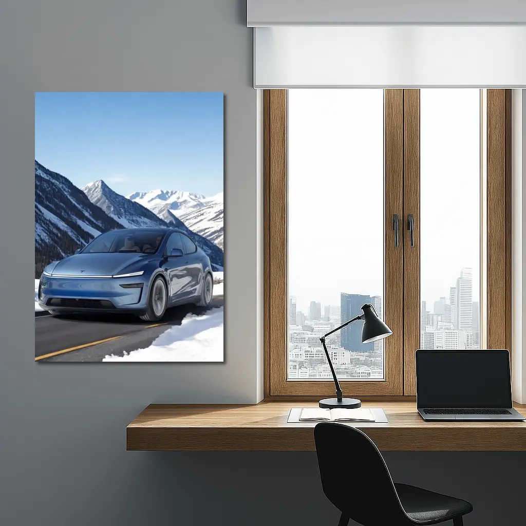 Tesla Model Y Blue Snowy Mountain Road – Wall Art