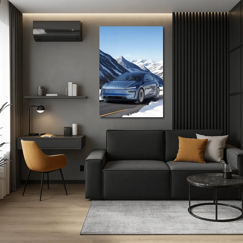 Tesla Model Y Blue Snowy Mountain Road – Wall Art