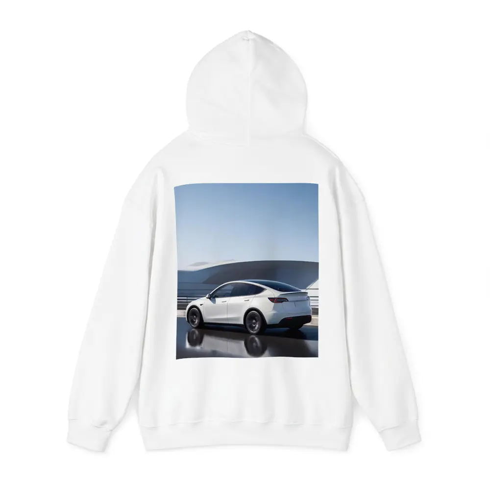 Tesla Model Y White on Modern Bridge – Hoodies