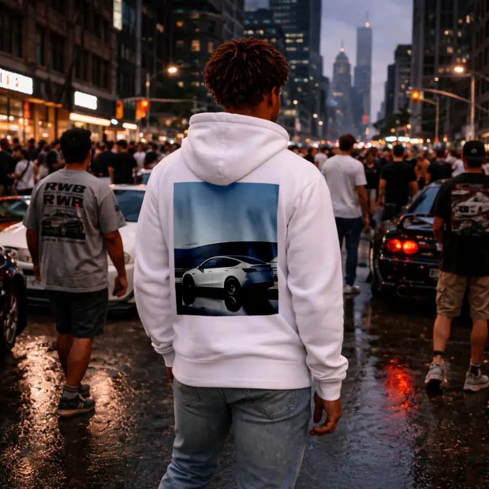 Tesla Model Y White on Modern Bridge – Hoodies