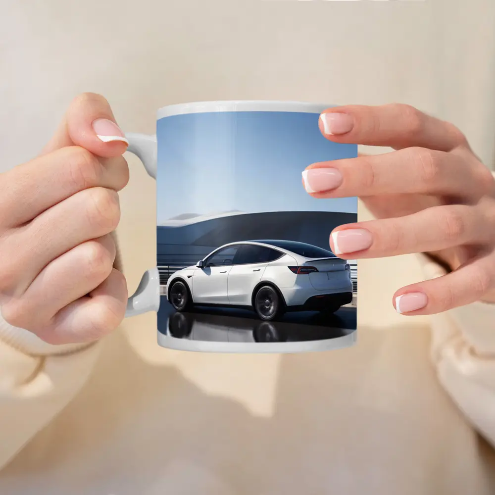 Tesla Model Y White on Modern Bridge – Mugs