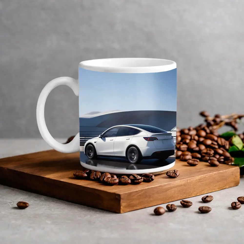 Tesla Model Y White on Modern Bridge – Mugs