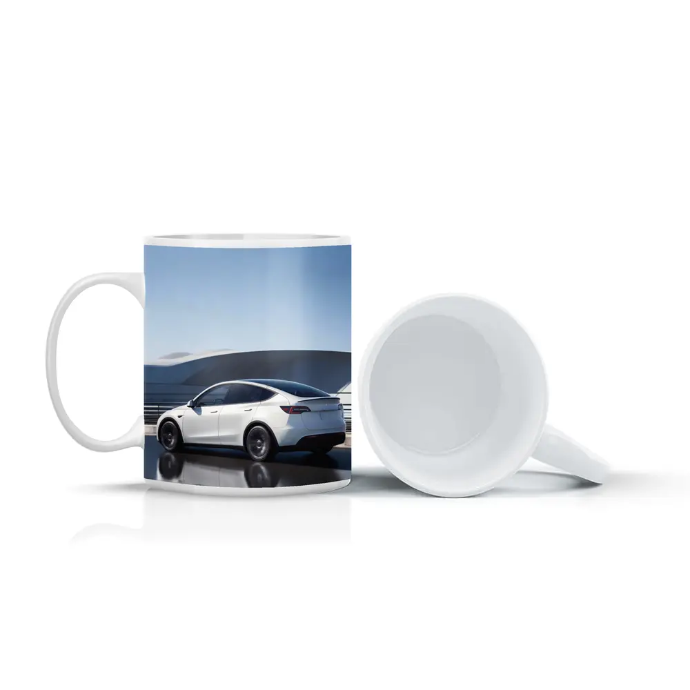 Tesla Model Y White on Modern Bridge – Mugs