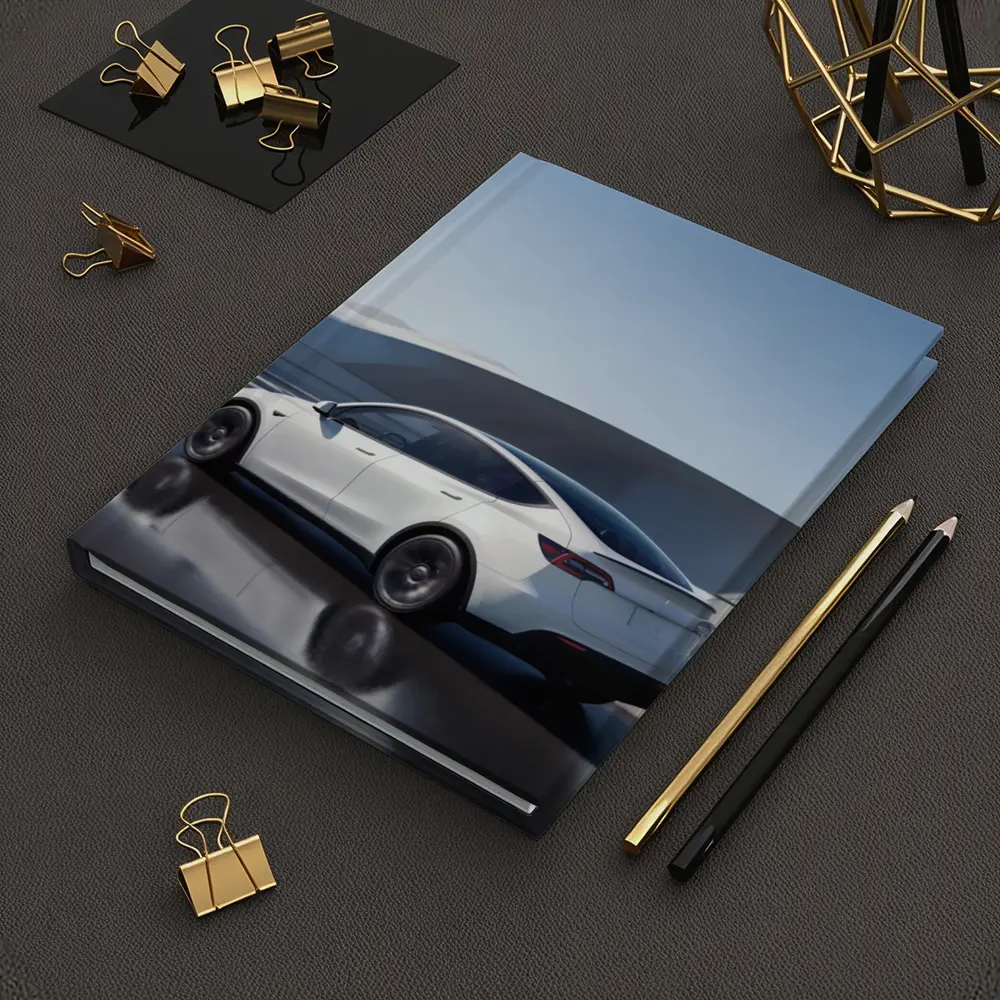 Tesla Model Y White on Modern Bridge – Notebooks