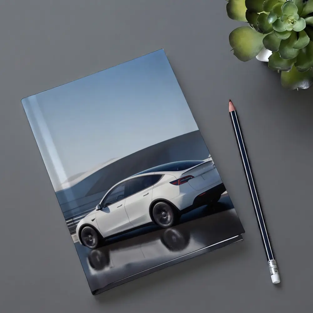 Tesla Model Y White on Modern Bridge – Notebooks