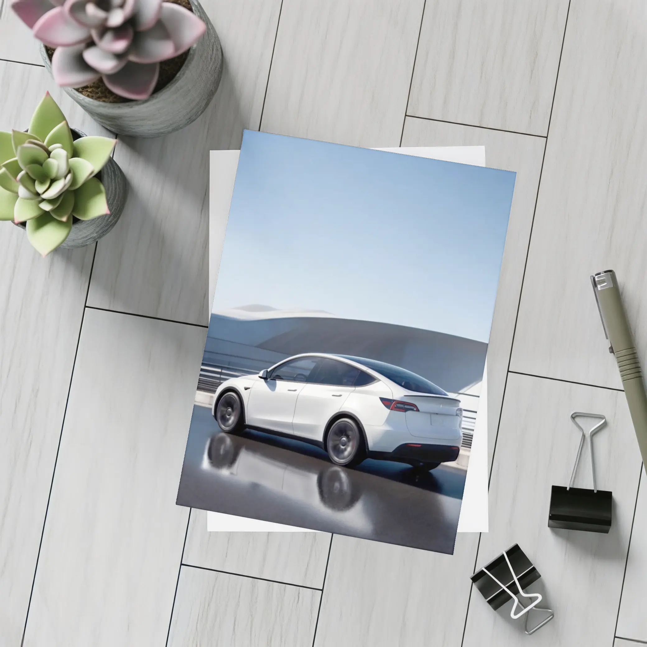 Tesla Model Y White on Modern Bridge – Postcards