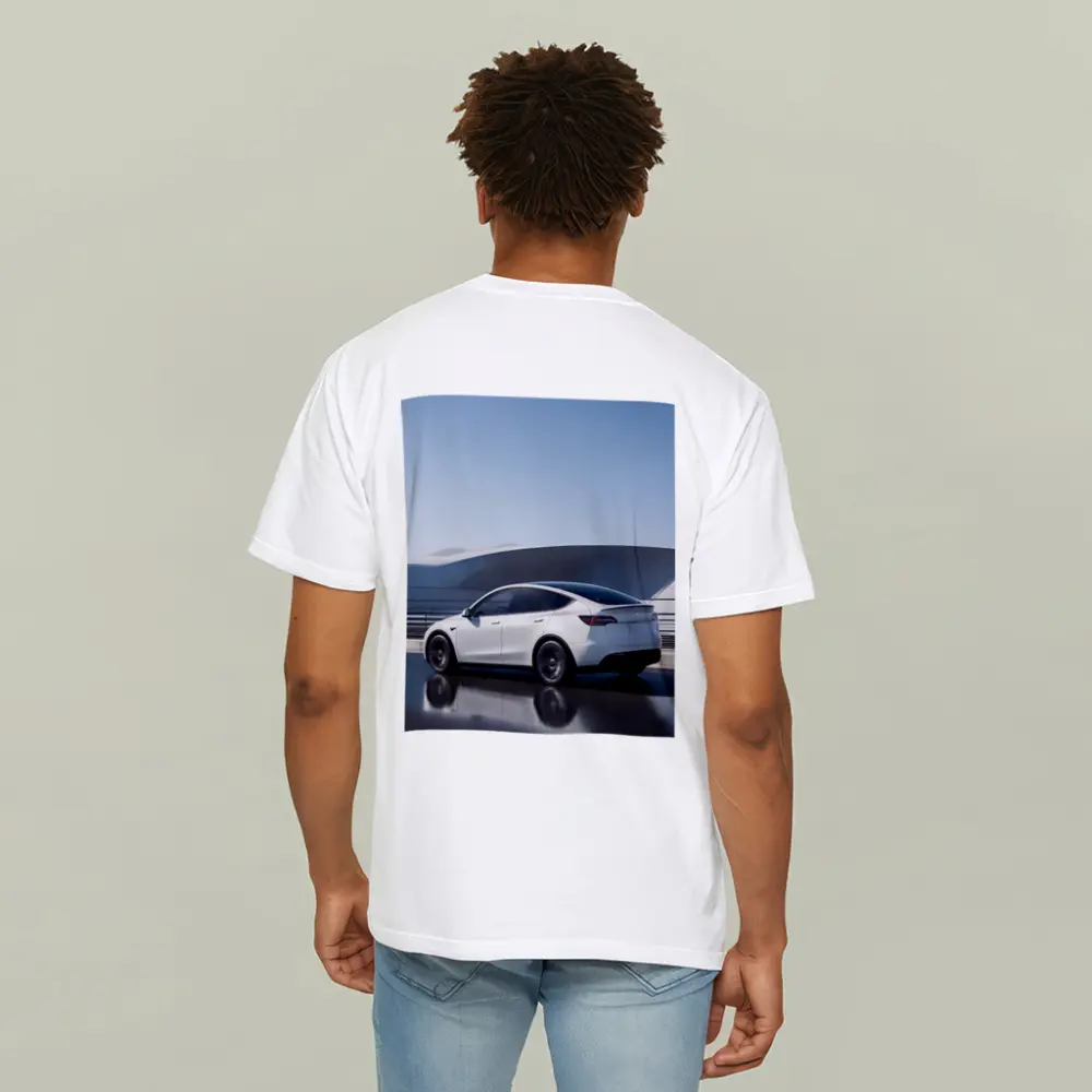 Tesla Model Y White on Modern Bridge – T-Shirts