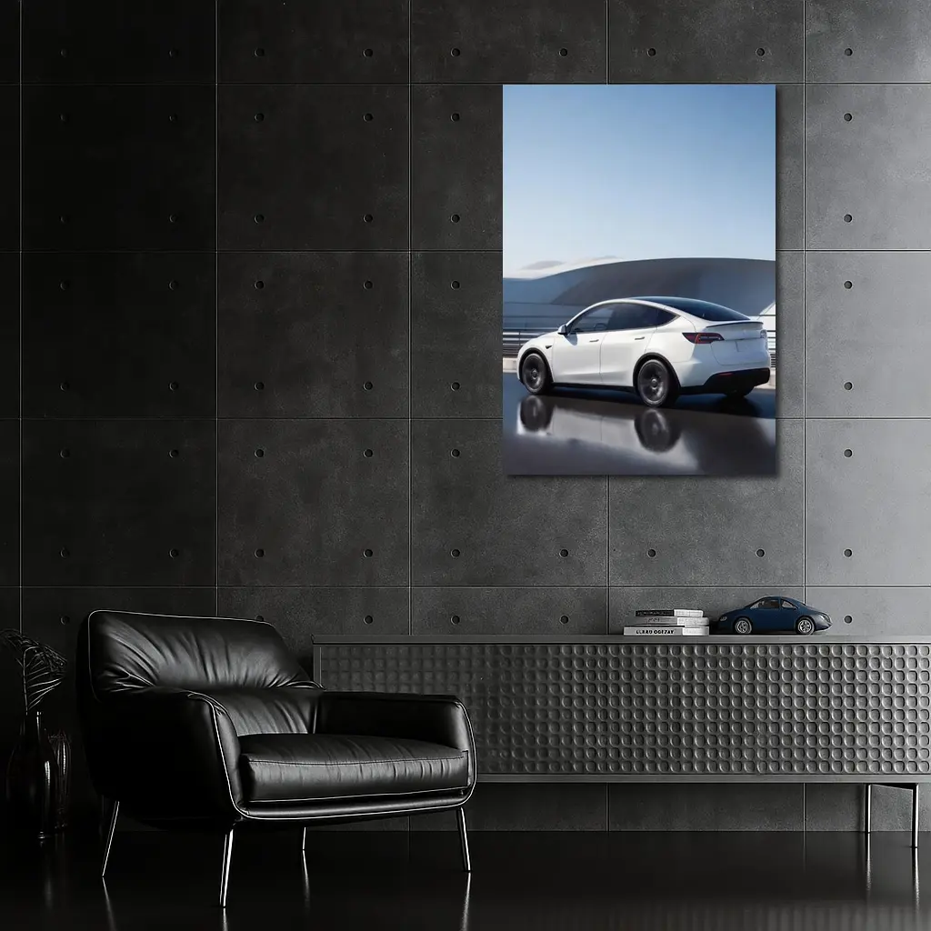 Tesla Model Y White on Modern Bridge – Wall Art