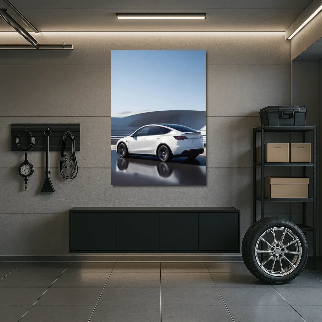 Tesla Model Y White on Modern Bridge – Wall Art