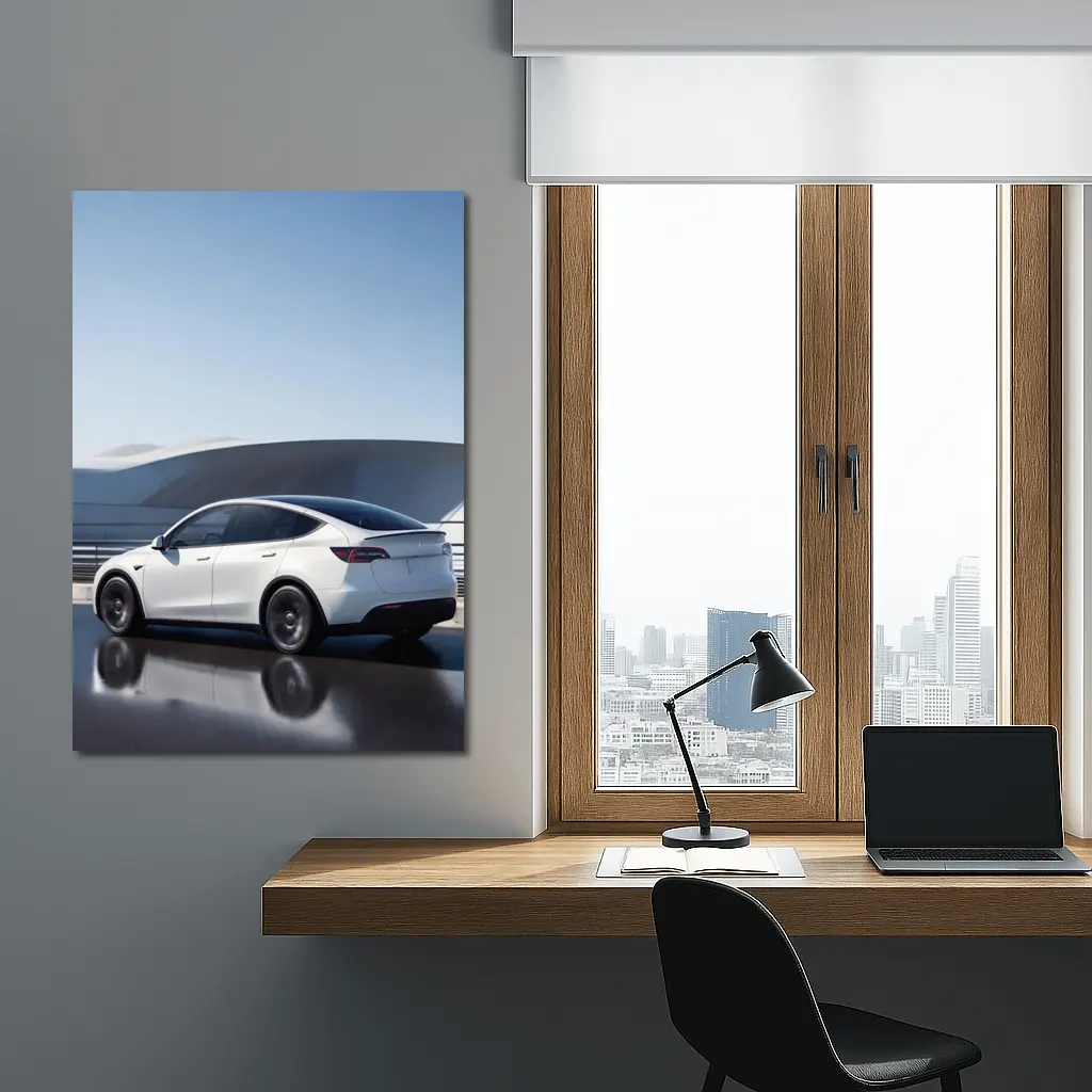 Tesla Model Y White on Modern Bridge – Wall Art