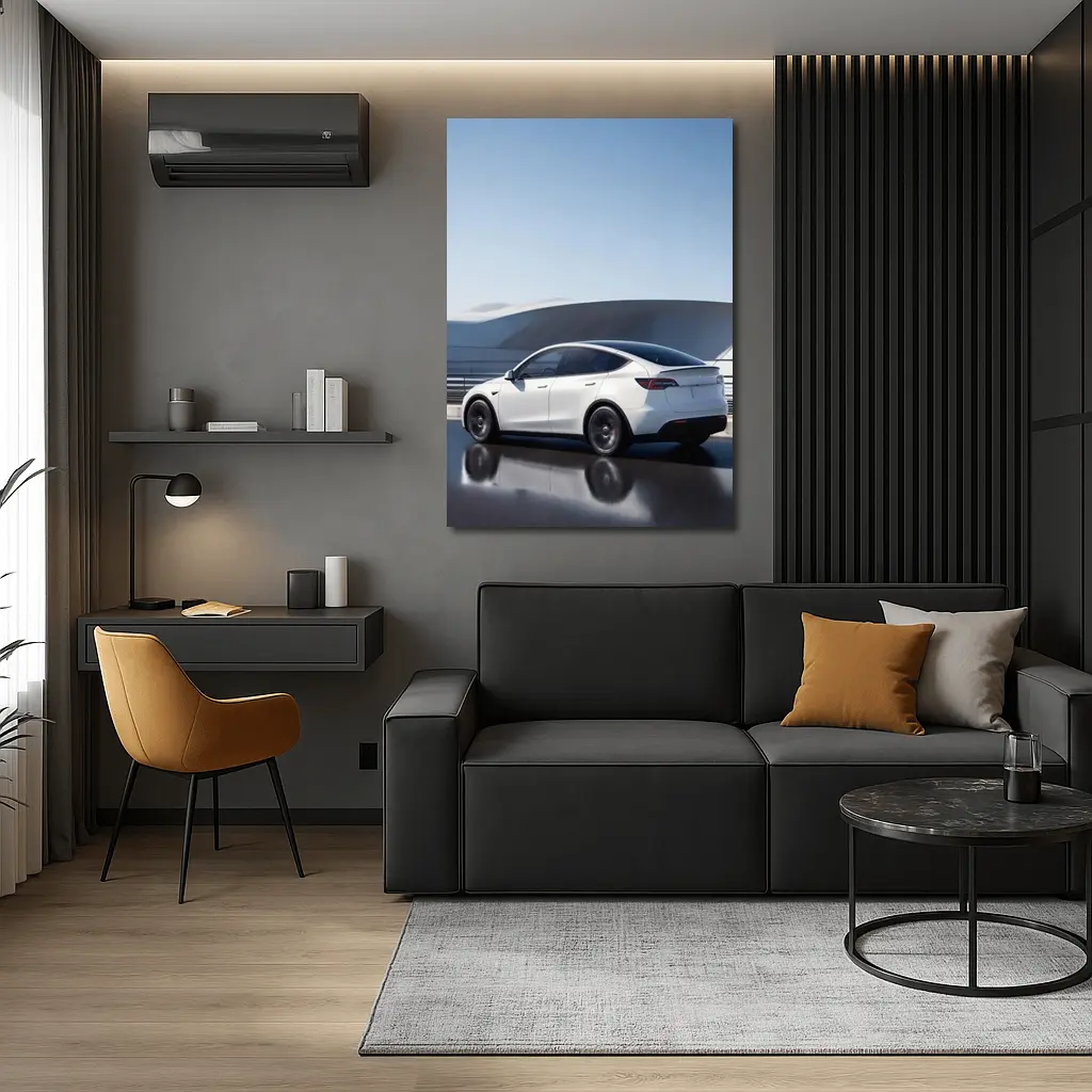 Tesla Model Y White on Modern Bridge – Wall Art