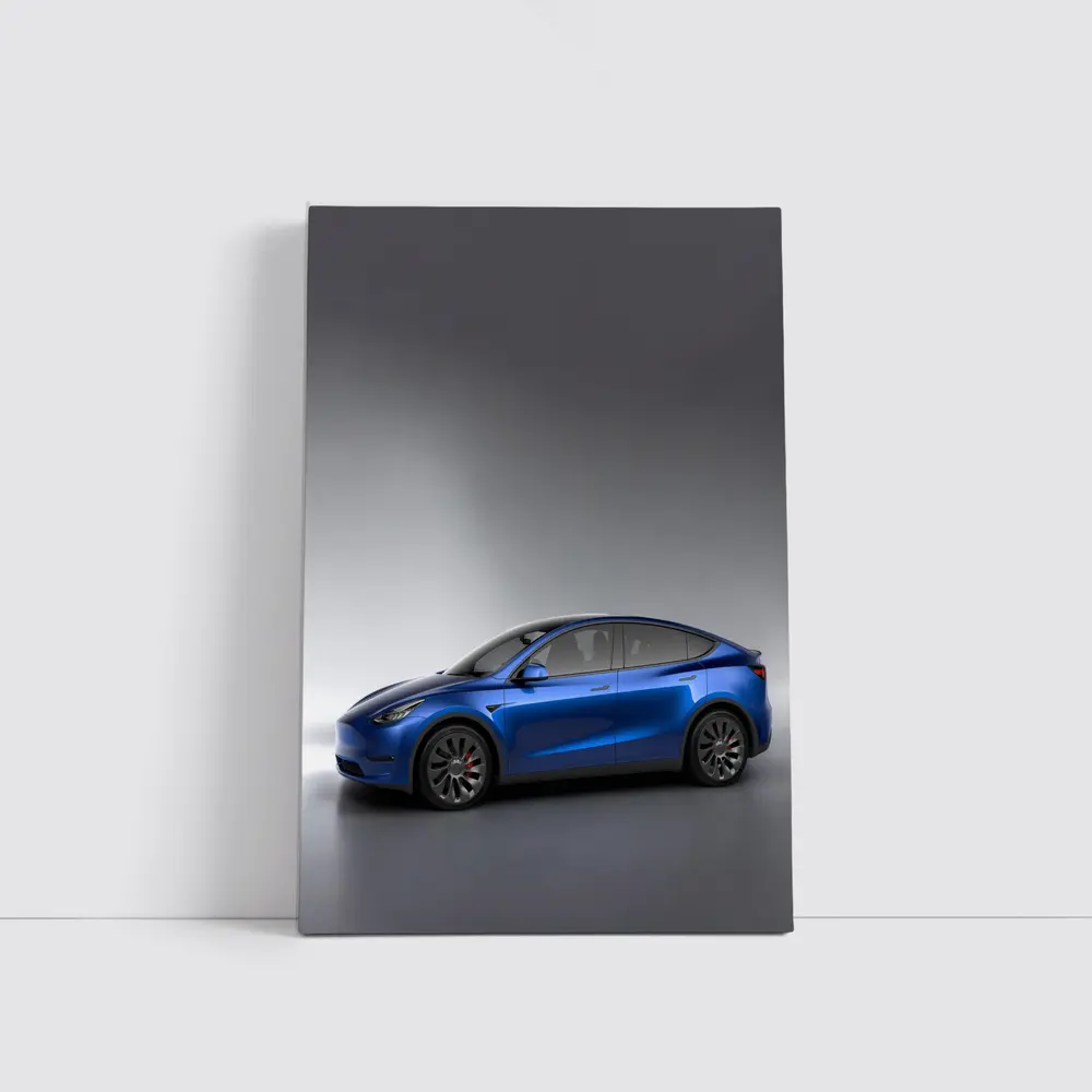 Tesla Model Y Blue on Gray Background – Wall Art