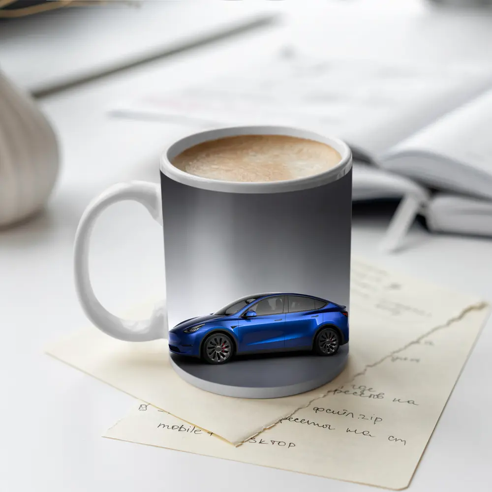 Tesla Model Y Blue on Gray Background – Mugs