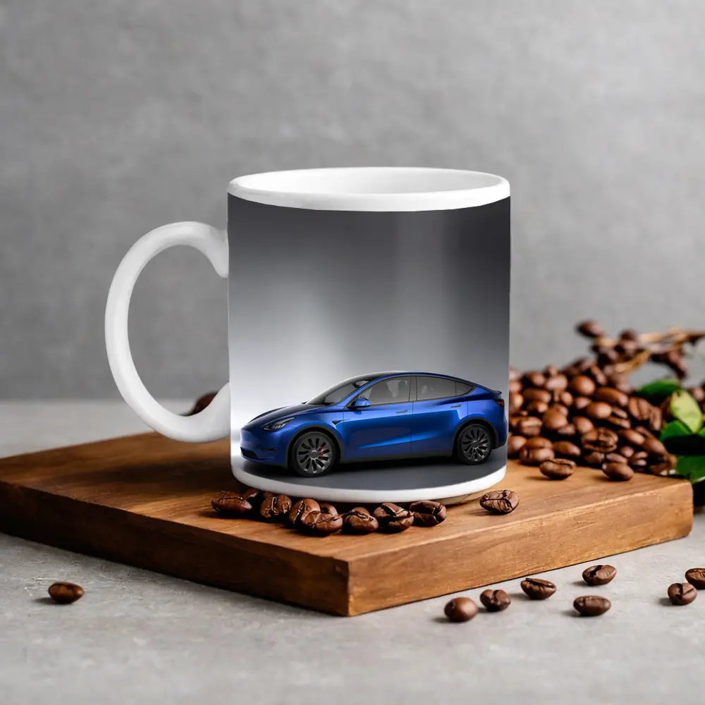 Tesla Model Y Blue on Gray Background – Mugs
