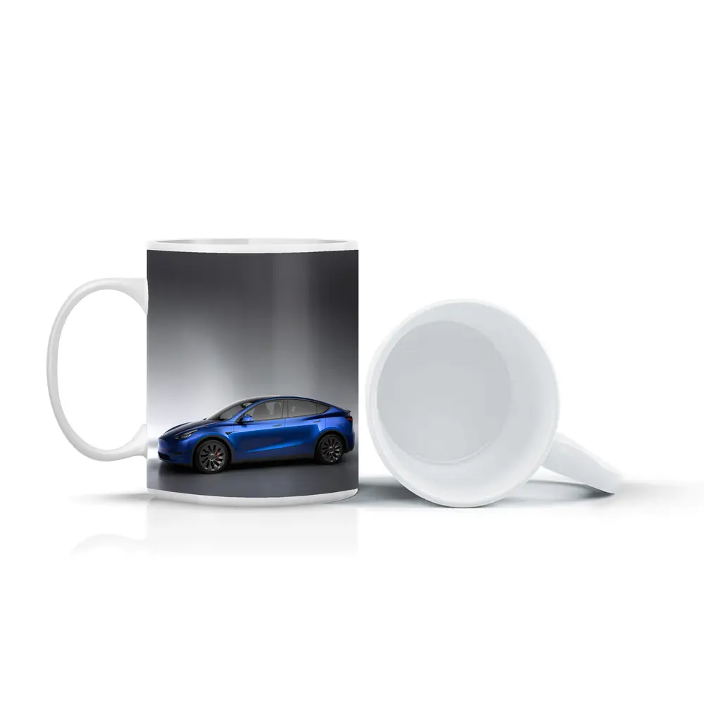 Tesla Model Y Blue on Gray Background – Mugs