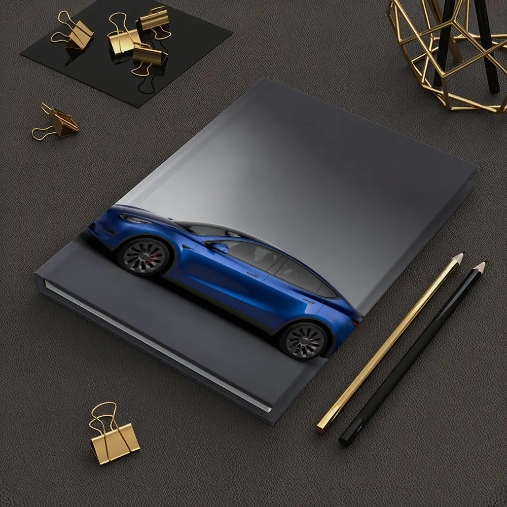 Tesla Model Y Blue on Gray Background – Notebooks