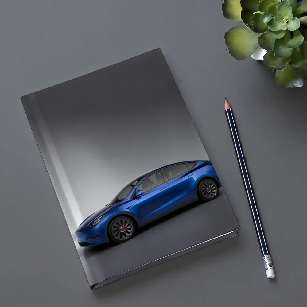 Tesla Model Y Blue on Gray Background – Notebooks