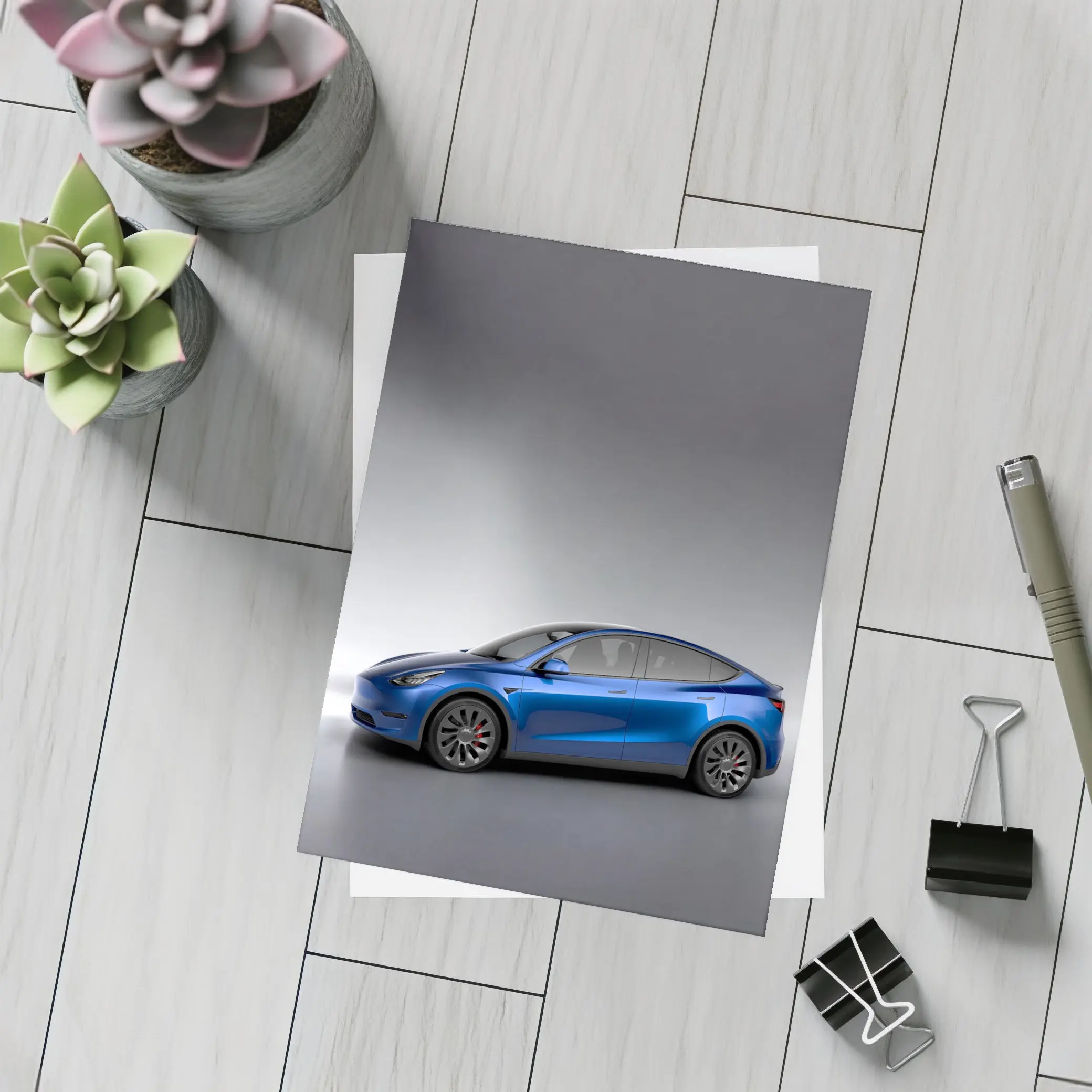 Tesla Model Y Blue on Gray Background – Postcards