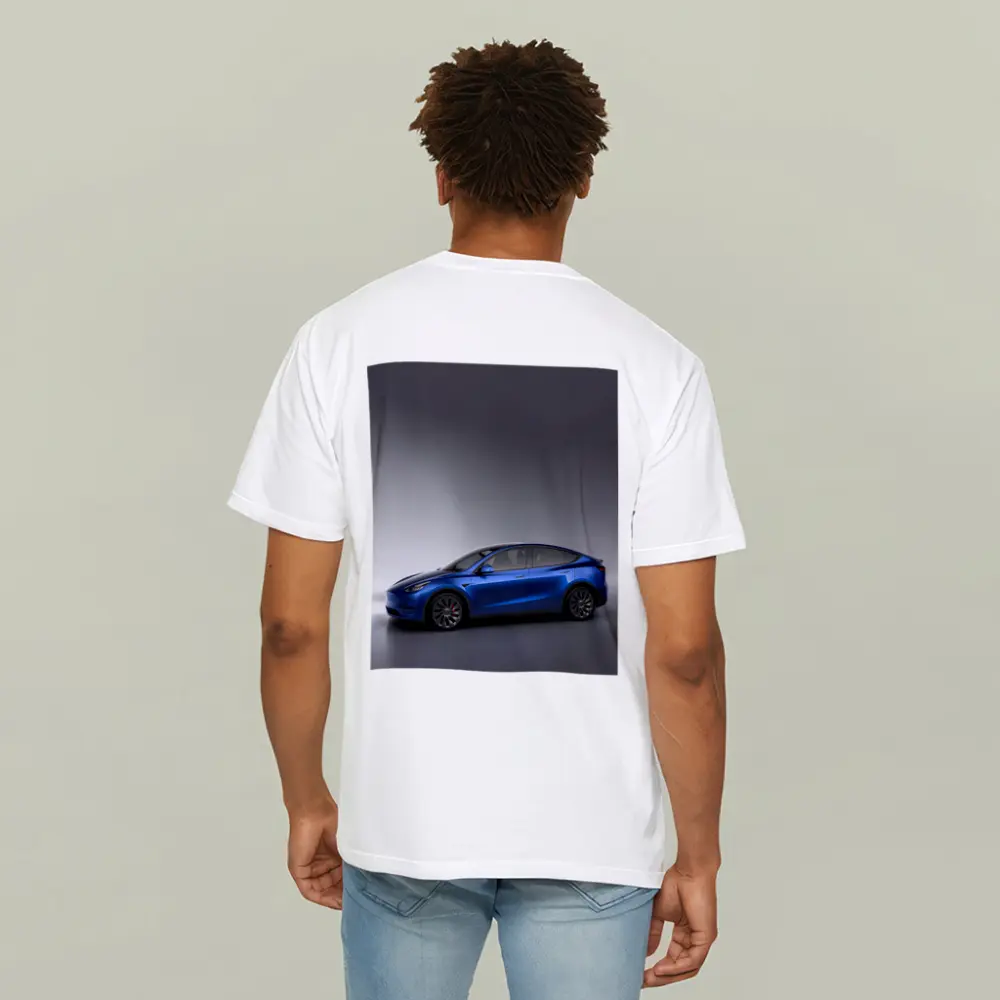 Tesla Model Y Blue on Gray Background – T-Shirts