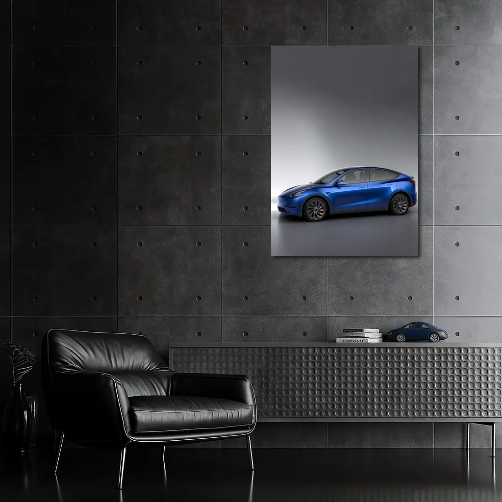 Tesla Model Y Blue on Gray Background – Wall Art