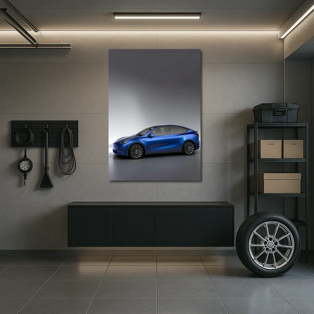 Tesla Model Y Blue on Gray Background – Wall Art