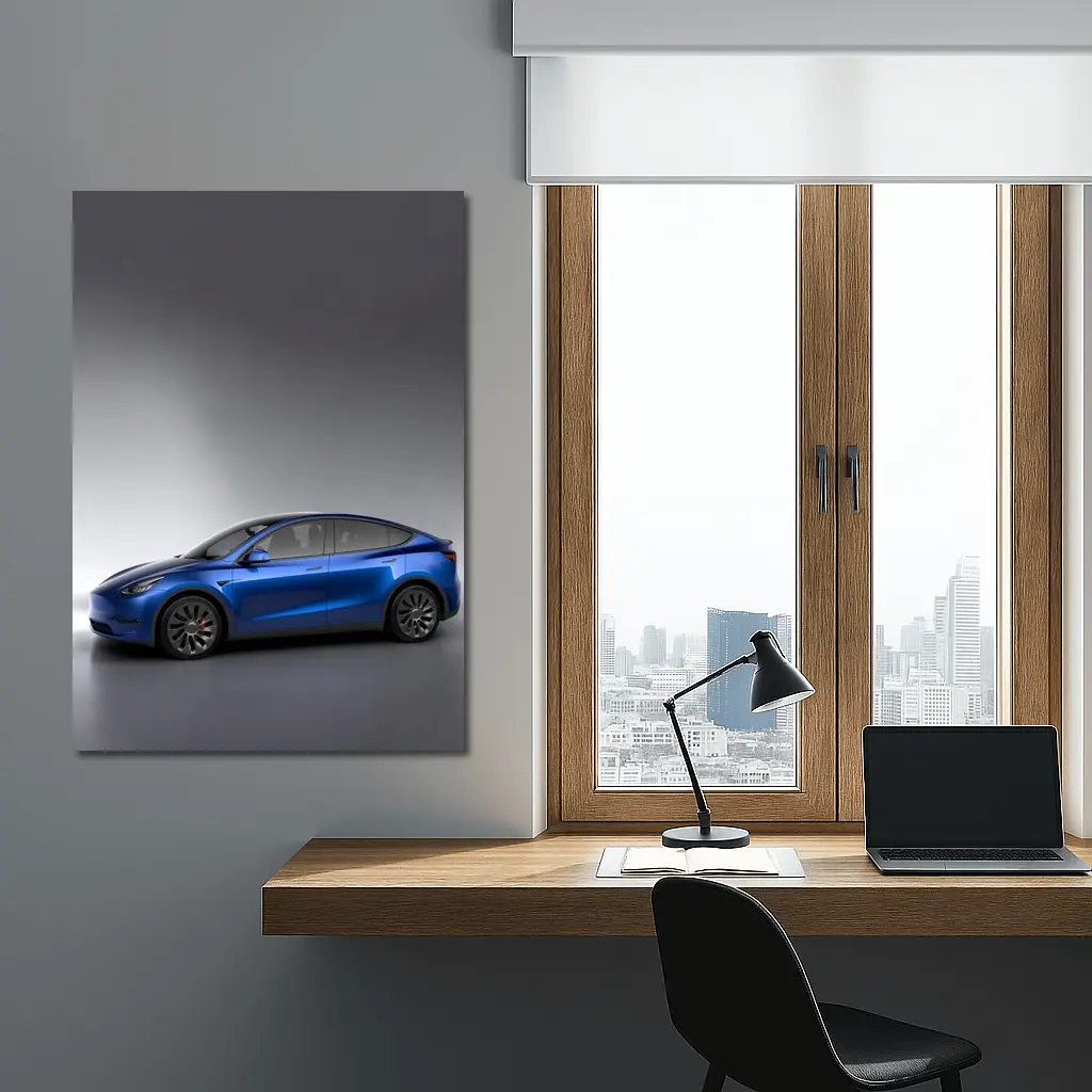 Tesla Model Y Blue on Gray Background – Wall Art
