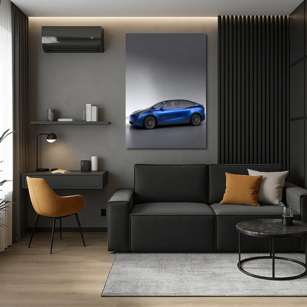 Tesla Model Y Blue on Gray Background – Wall Art