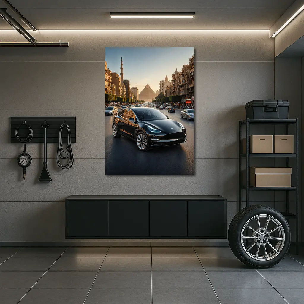 Tesla Model Y Driving Cairo Egypt Streets – Wall Art