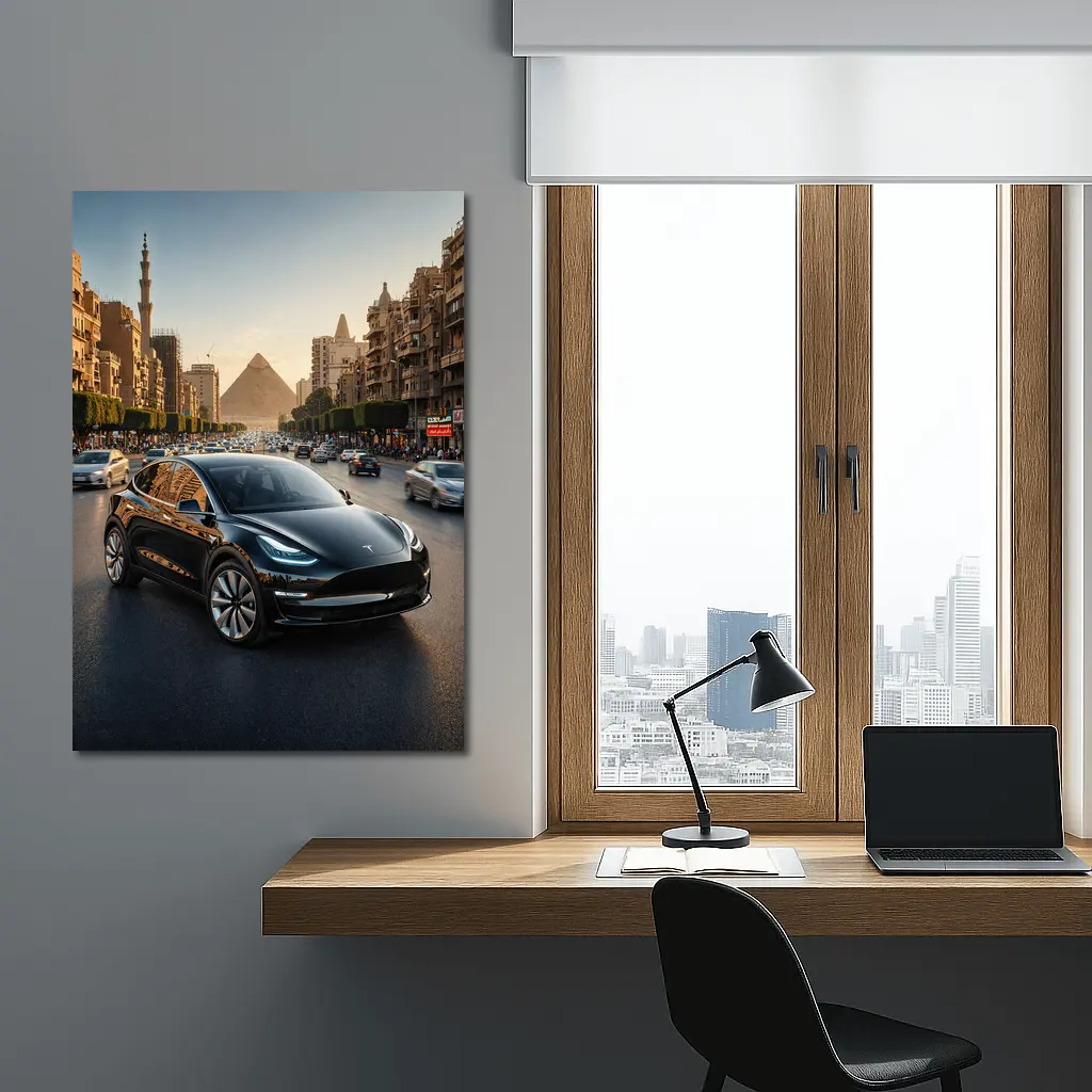 Tesla Model Y Driving Cairo Egypt Streets – Wall Art