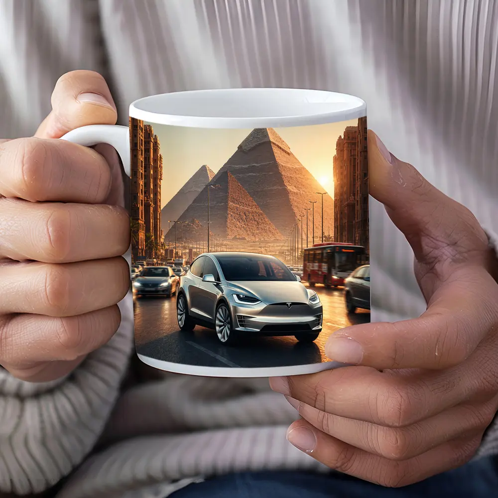 Tesla Model X Driving Near Egyptian Pyramids – Mugs