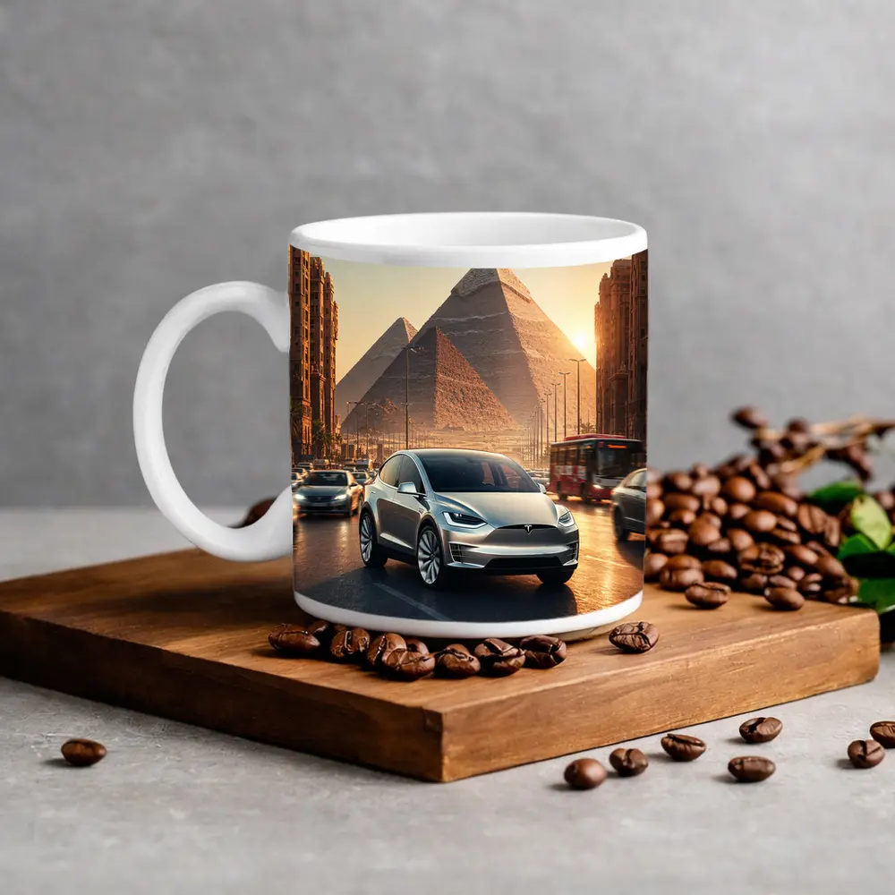 Tesla Model X Driving Near Egyptian Pyramids – Mugs