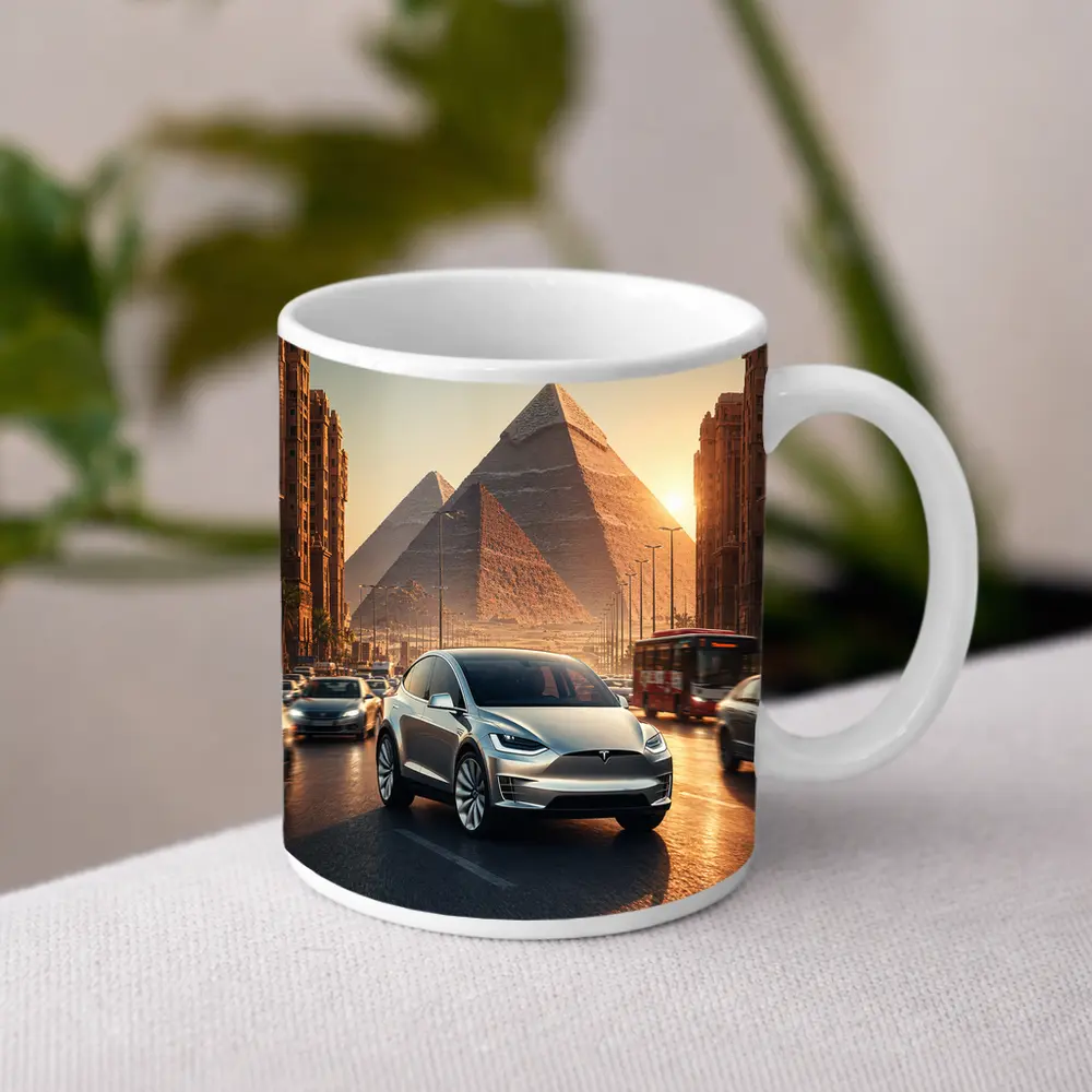 Tesla Model X Driving Near Egyptian Pyramids – Mugs
