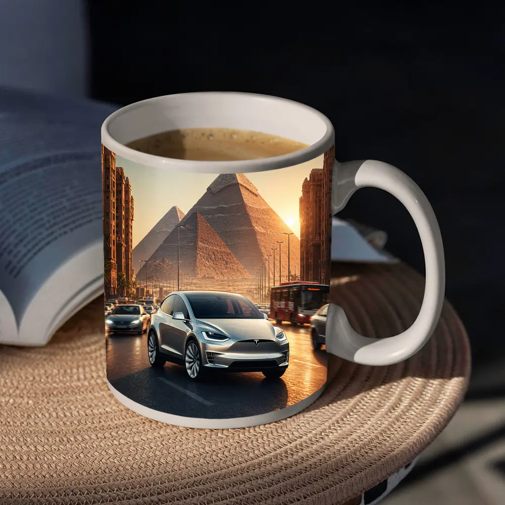 Tesla Model X Driving Near Egyptian Pyramids – Mugs