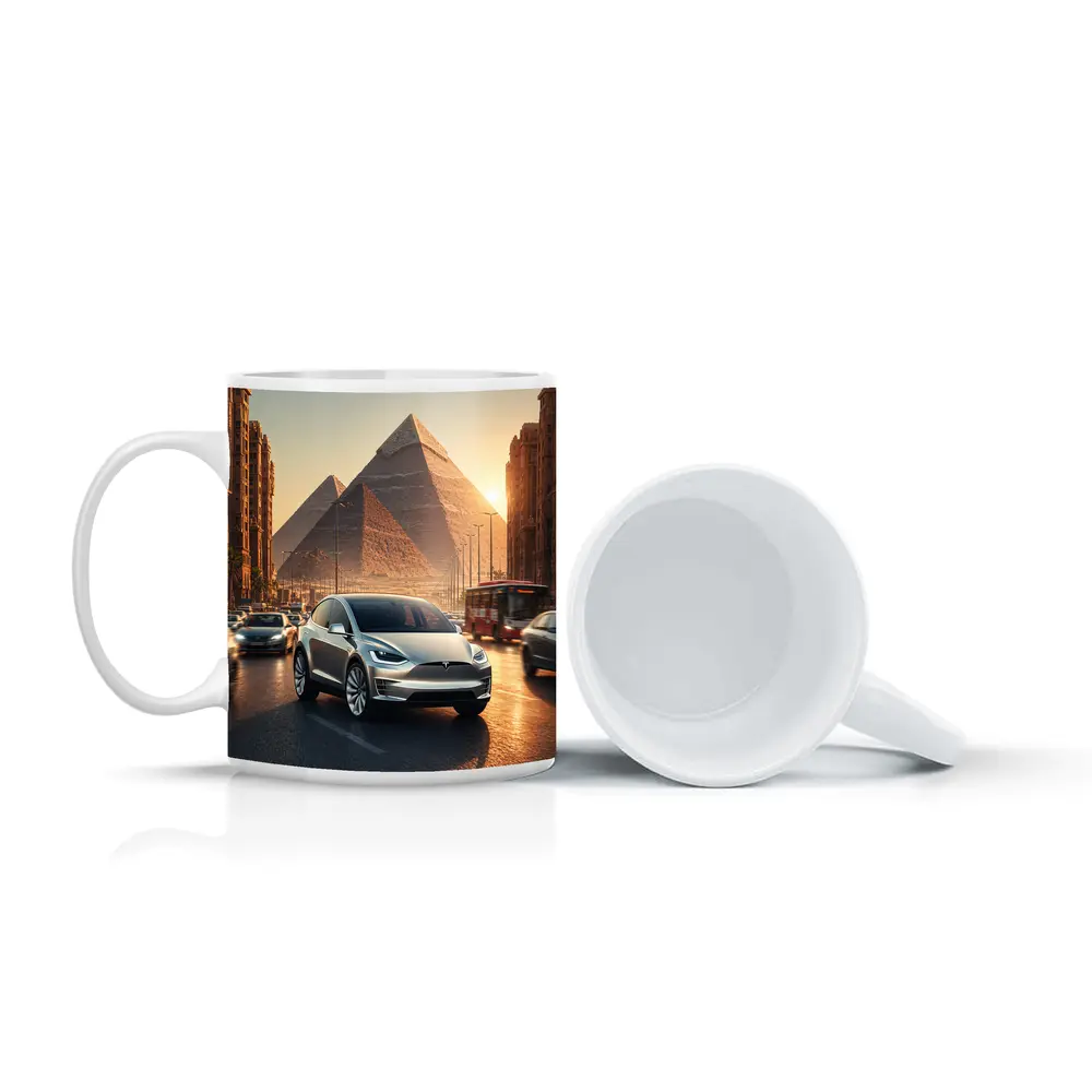 Tesla Model X Driving Near Egyptian Pyramids – Mugs