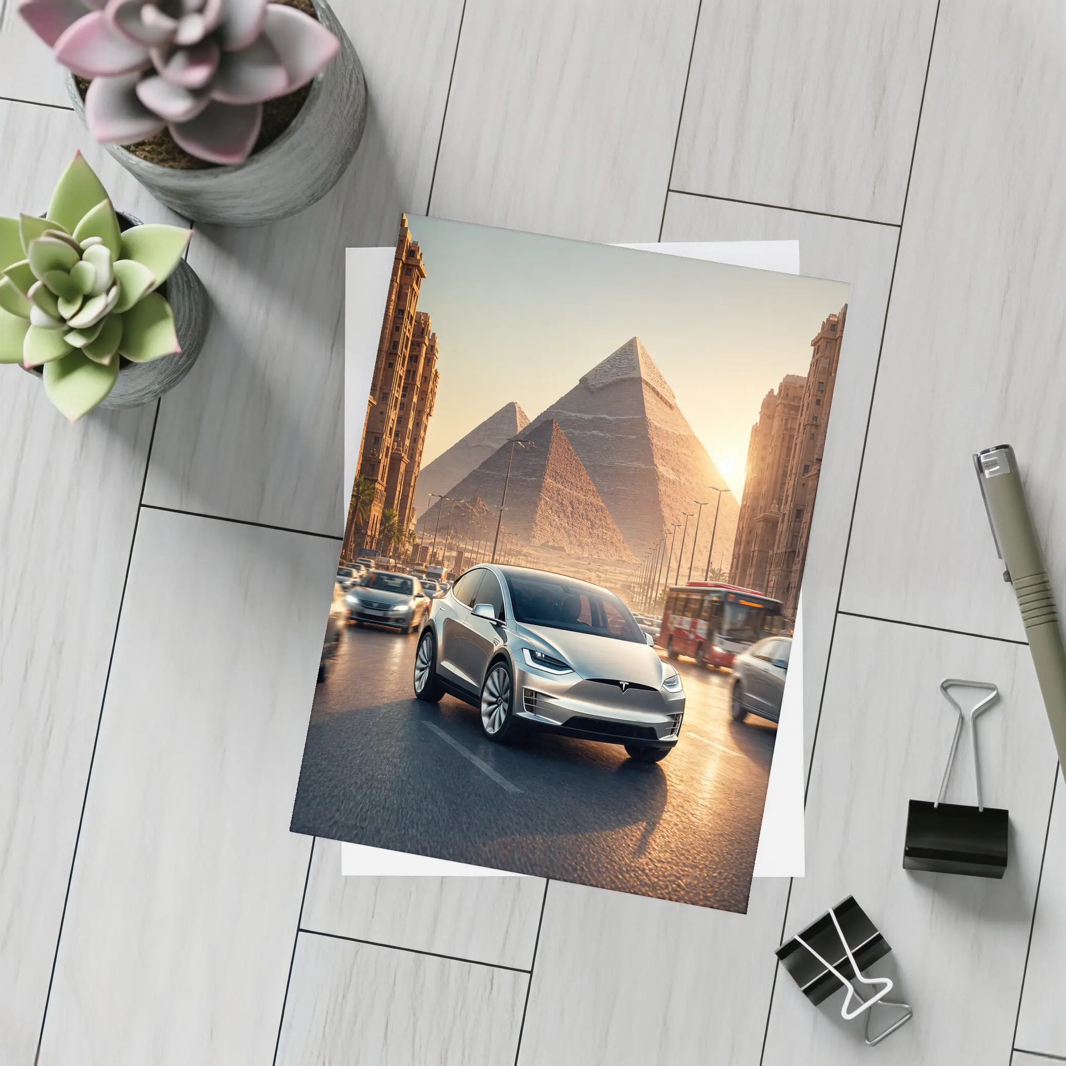 Tesla Model X Driving Near Egyptian Pyramids – Postcards