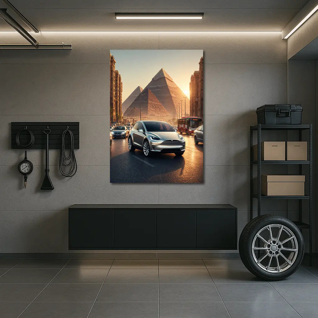 Tesla Model X Driving Near Egyptian Pyramids – Wall Art