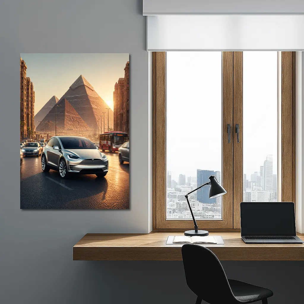 Tesla Model X Driving Near Egyptian Pyramids – Wall Art