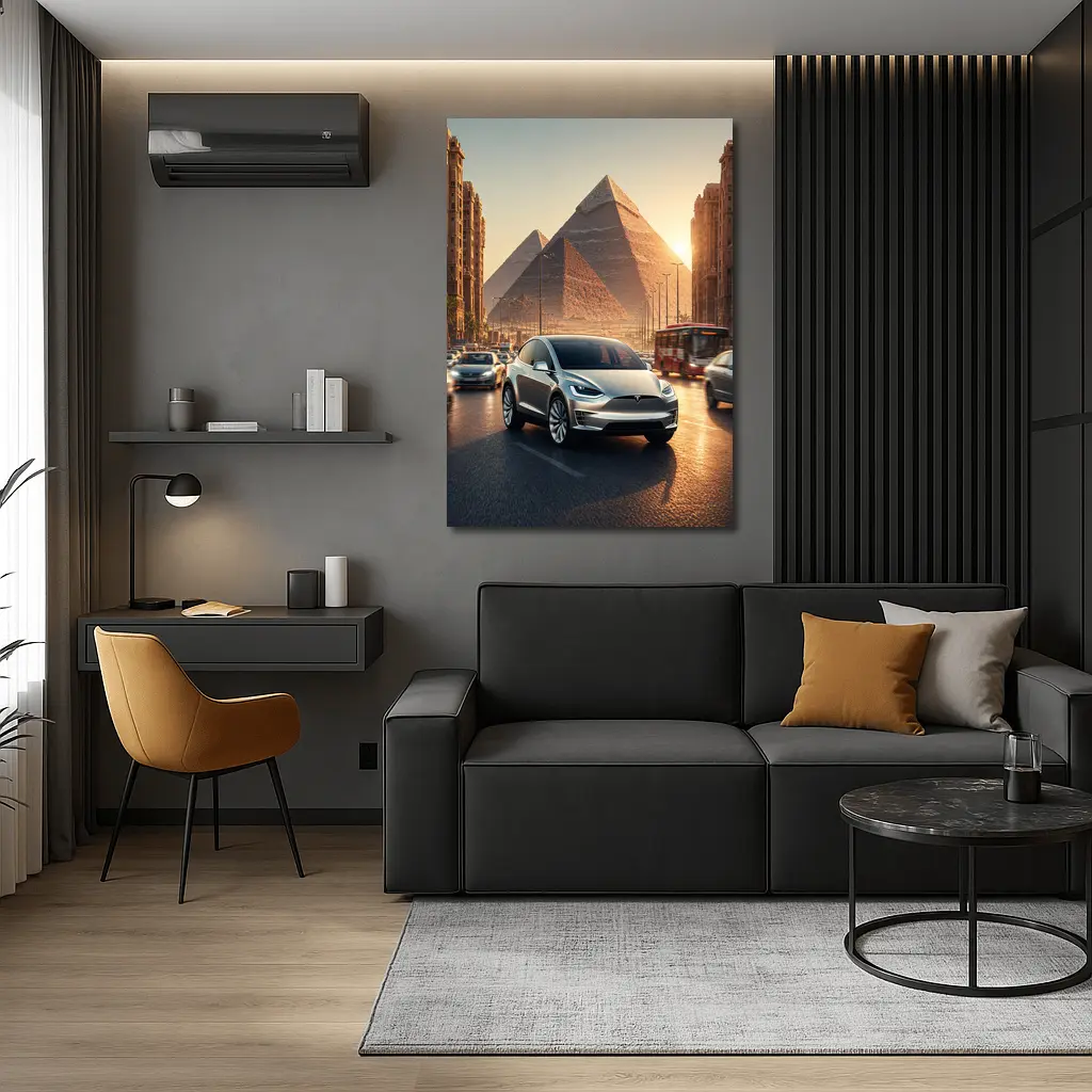 Tesla Model X Driving Near Egyptian Pyramids – Wall Art